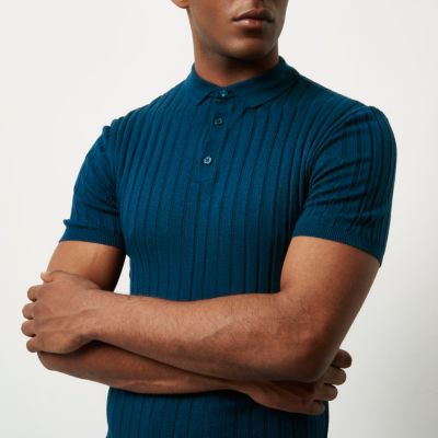 Navy blue muscle fit ribbed polo shirt